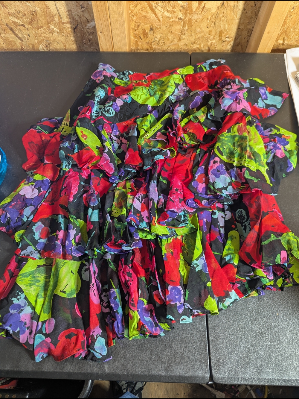 Raul Blanco Silk Black Floral Ruffle Skirt with Red & Green Accents